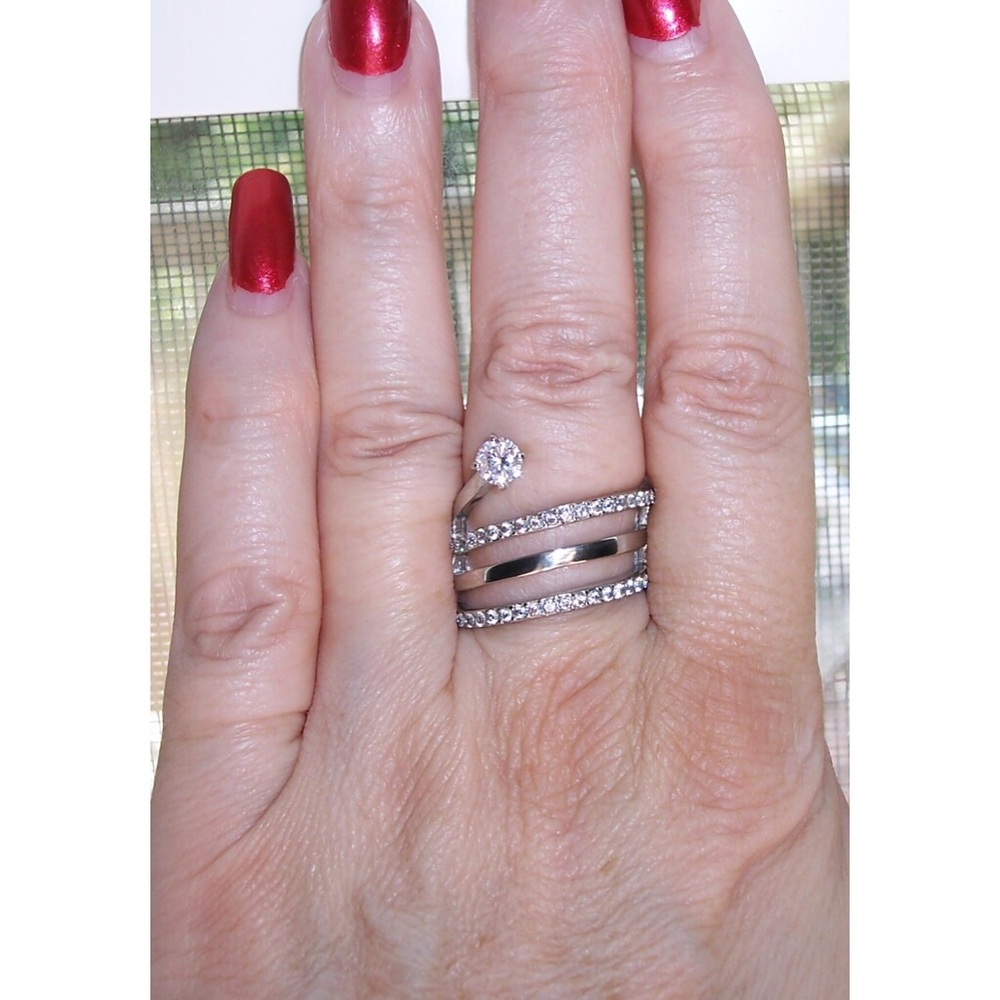 STAINLESS STEEL Unique Cubic Zirconia Swirl Statement Ring - Picture 3 of 14